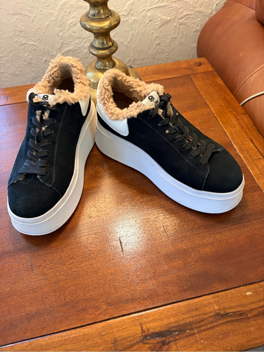 Ash X Moby BE KINDBlack and White Platform Sneakers with Tan Faux-Shearling Trim